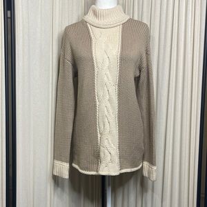 VENUS- KNIT LONG OVERSIZED TAN & CREAM TURTLENECK PULLOVER SWEATER SIZE SMALL